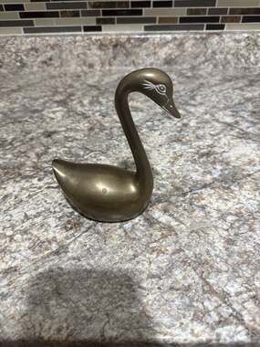 Vintage Mid-Century Solid Brass Swan Figurine Paperweight with Etched Eye